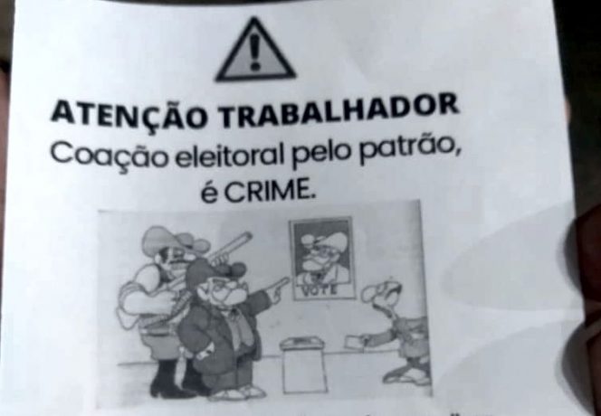 Panfleto distribuído em Itaúna alerta para coação eleitoral